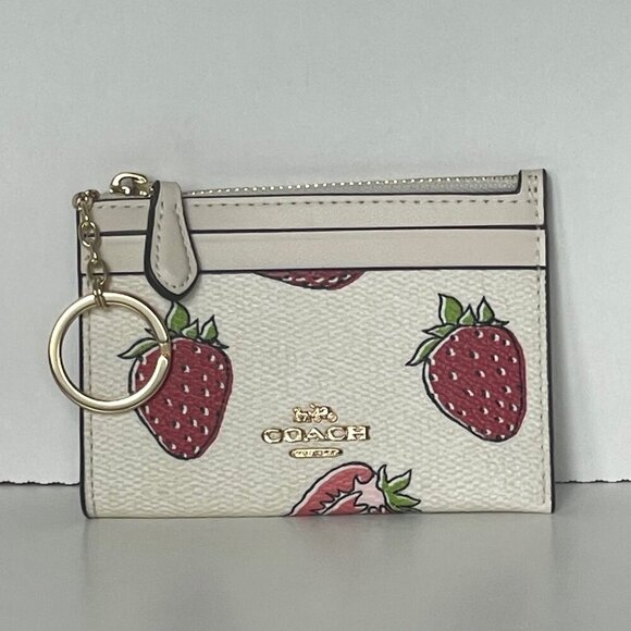 Coach Mini Skinny ID Wallet Strawberry Print Keyring CAR17 Womens White Red - Picture 10 of 10